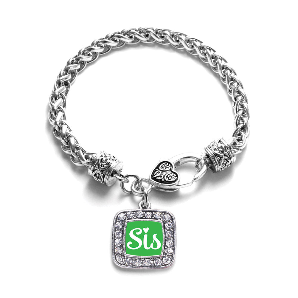Silver Sis Green Script Square Charm Braided Bracelet