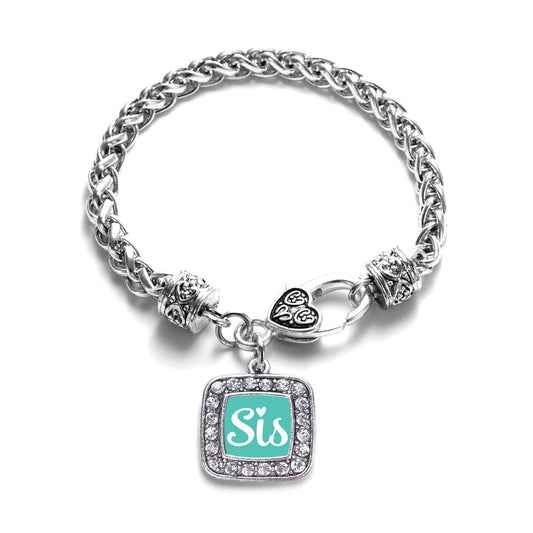 Silver Sis Teal Script Square Charm Braided Bracelet