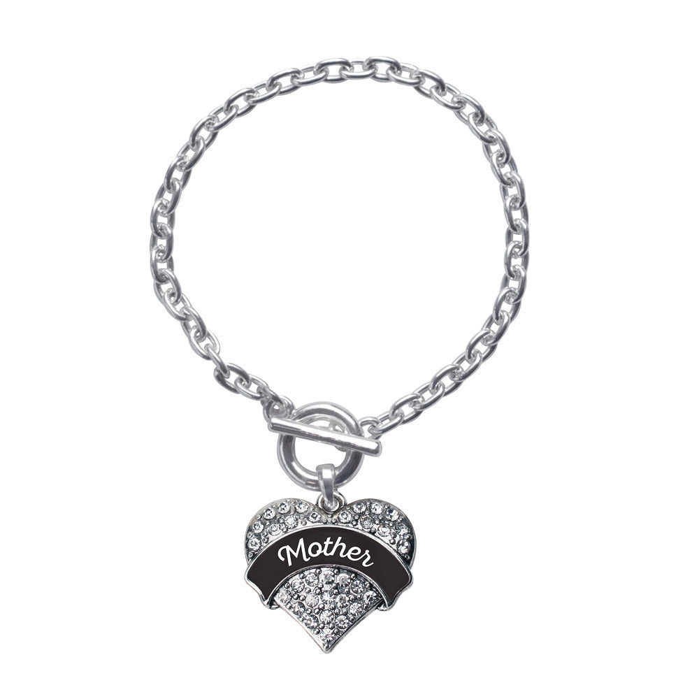 Silver Black and White Mother Pave Heart Charm Toggle Bracelet