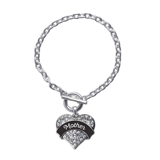 Silver Black and White Mother Pave Heart Charm Toggle Bracelet