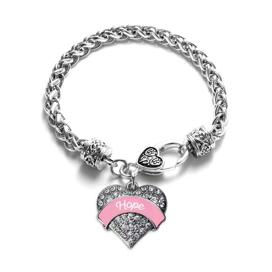 Silver Pink Script Hope Breast Cancer Support Pave Heart Charm Braided Bracelet