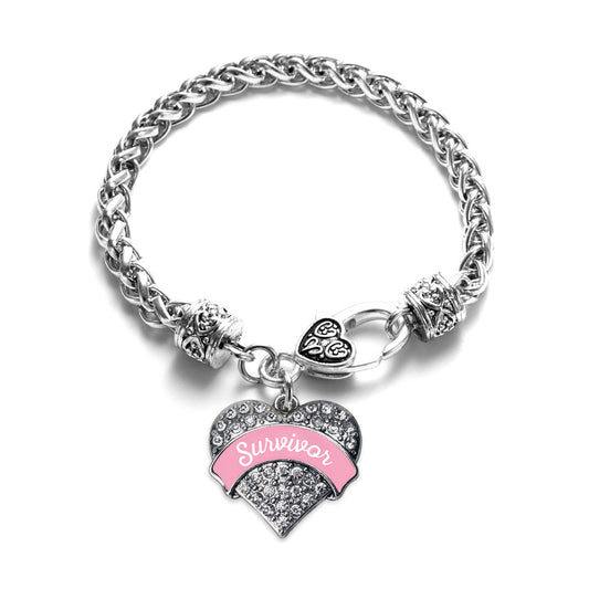 Silver Pink Script Survivor Breast Cancer Support Pave Heart Charm Braided Bracelet