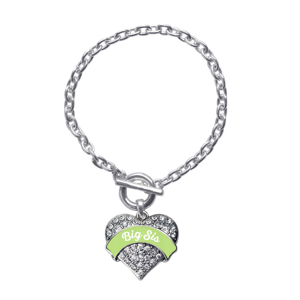 Silver Sage Green Big Sister Pave Heart Charm Toggle Bracelet
