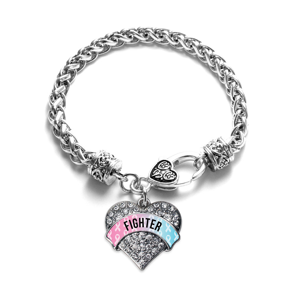 Silver Light Blue & Light Pink Ribbon Fighter Pave Heart Charm Braided Bracelet