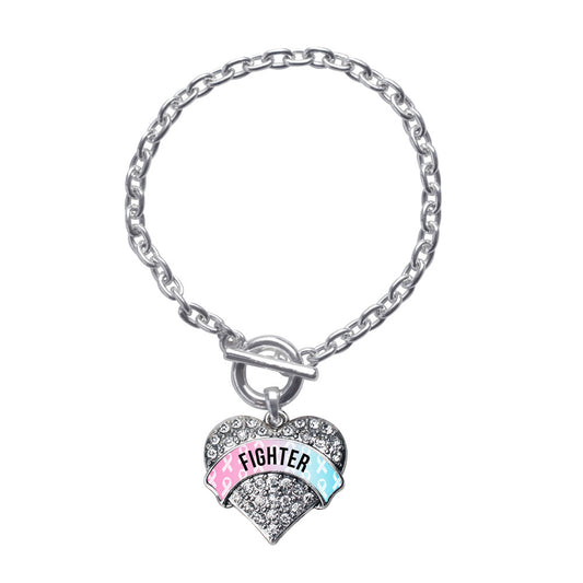 Silver Light Blue & Light Pink Ribbon Fighter Pave Heart Charm Toggle Bracelet