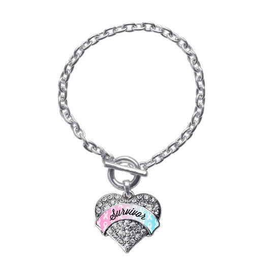Silver Light Blue & Light Pink Ribbon Survivor Pave Heart Charm Toggle Bracelet