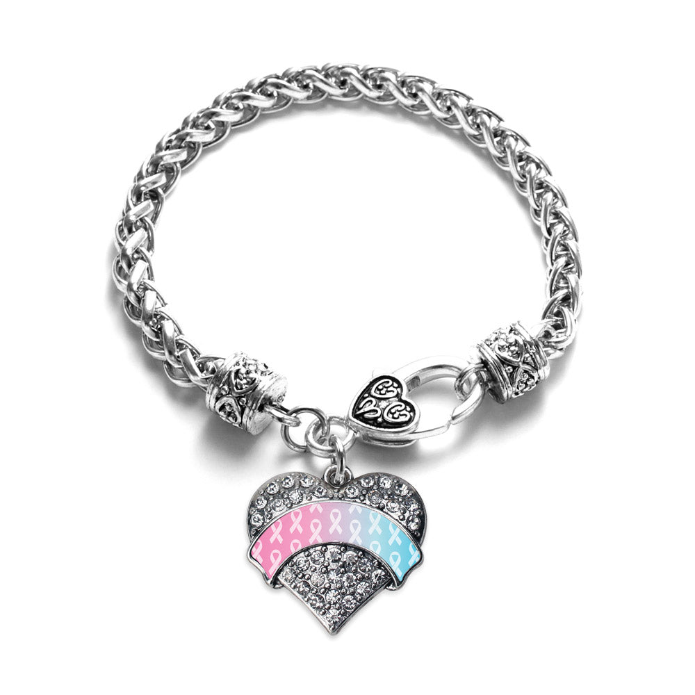 Silver Light Blue & Light Pink Ribbon Support Pave Heart Charm Braided Bracelet