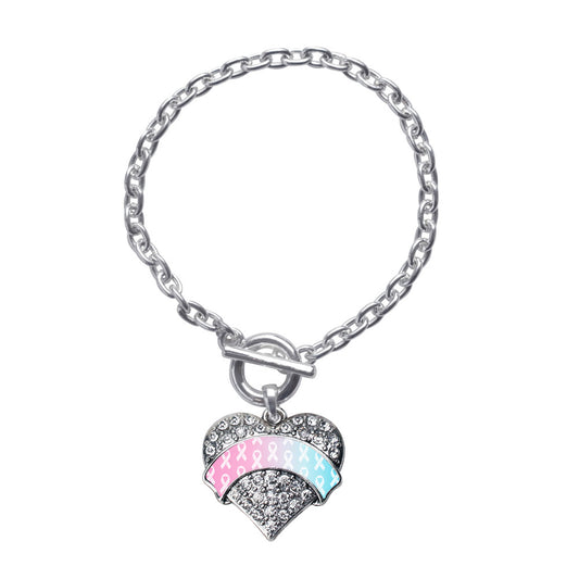 Silver Light Blue & Light Pink Ribbon Support Pave Heart Charm Toggle Bracelet