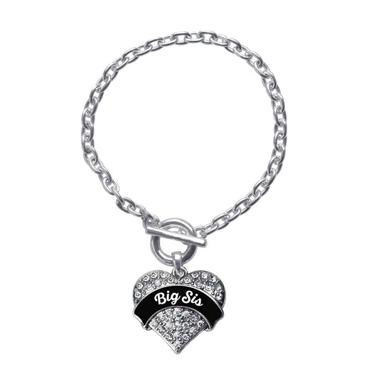 Silver Black and White Big Sister Pave Heart Charm Toggle Bracelet