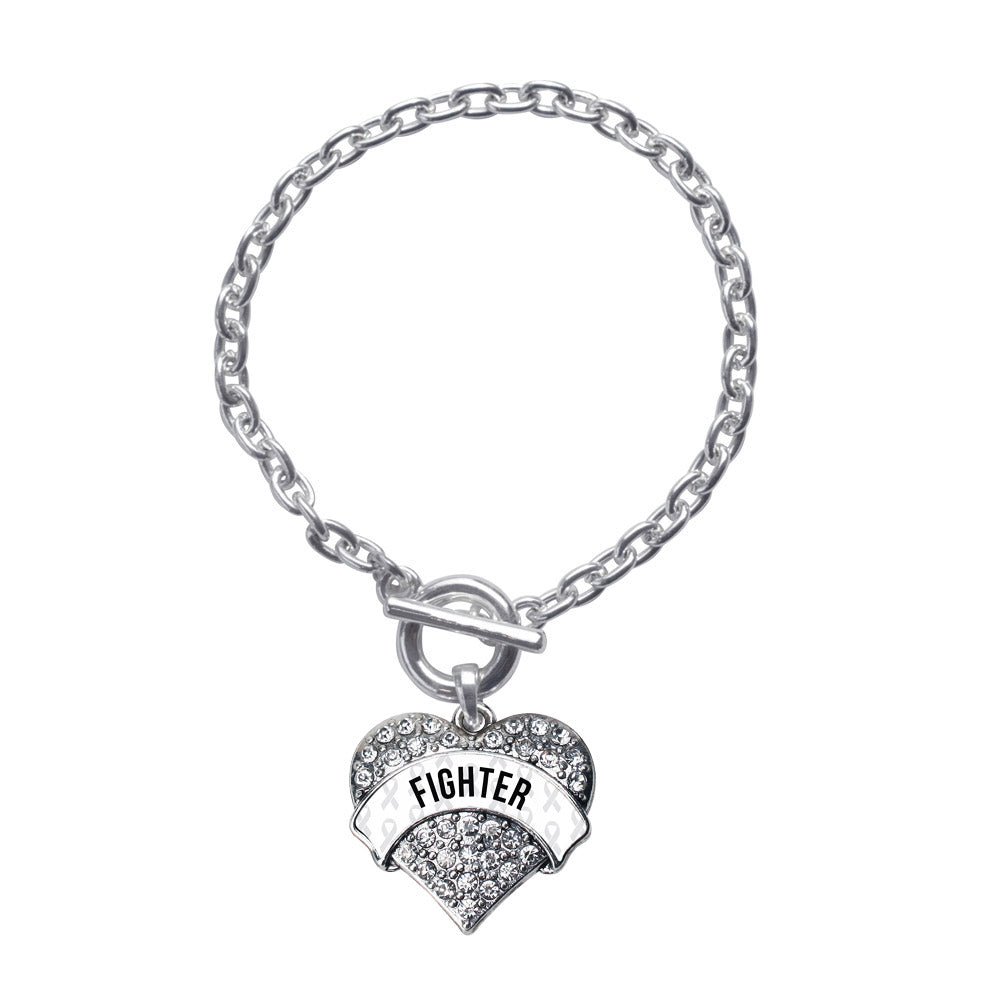 Silver White Fighter Pave Heart Charm Toggle Bracelet