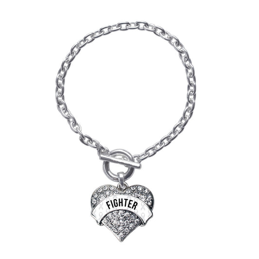 Silver White Fighter Pave Heart Charm Toggle Bracelet
