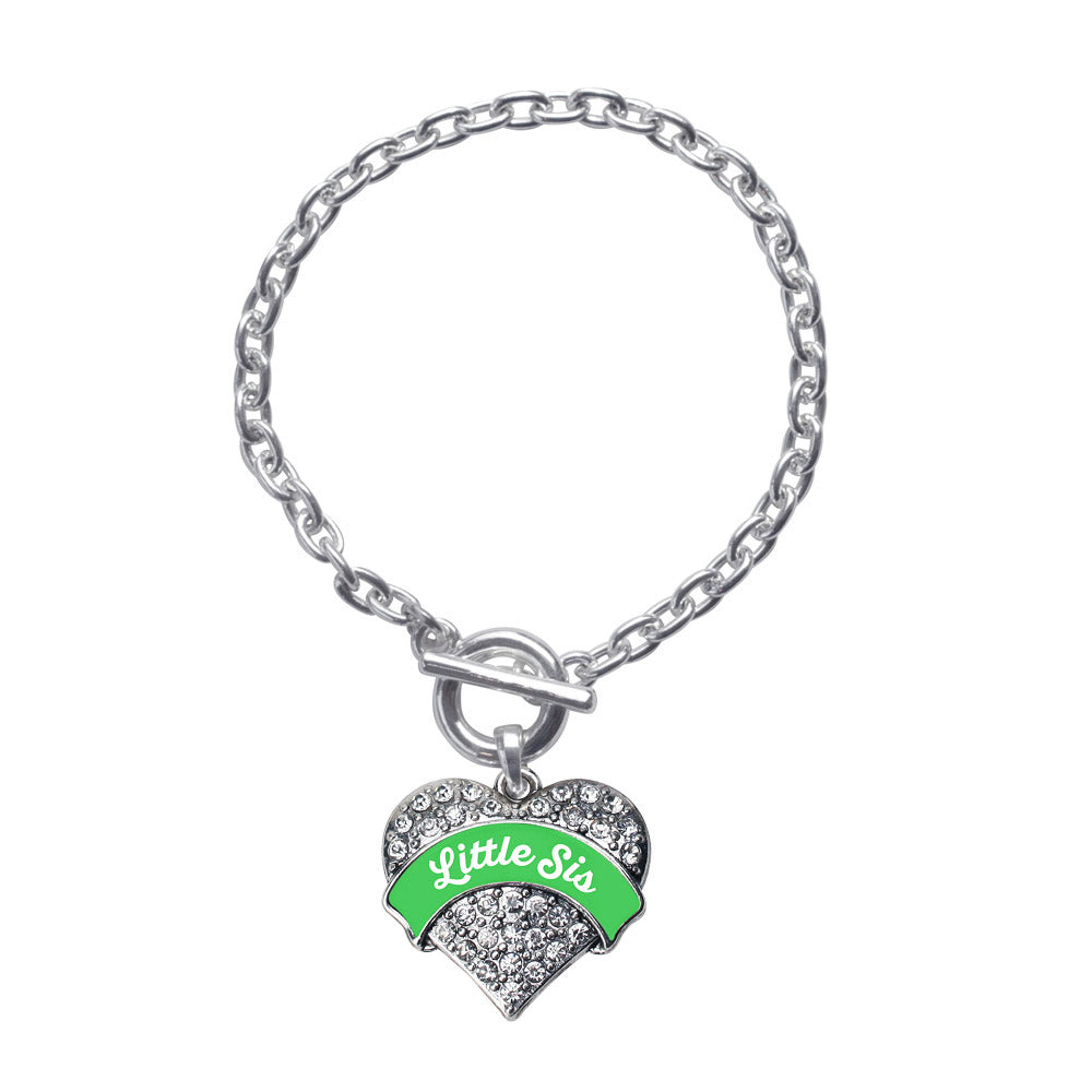 Silver Emerald Green Little Sister Pave Heart Charm Toggle Bracelet