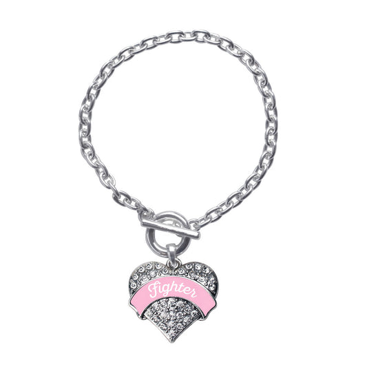 Silver Pink Script Fighter Breast Cancer Support Pave Heart Charm Toggle Bracelet