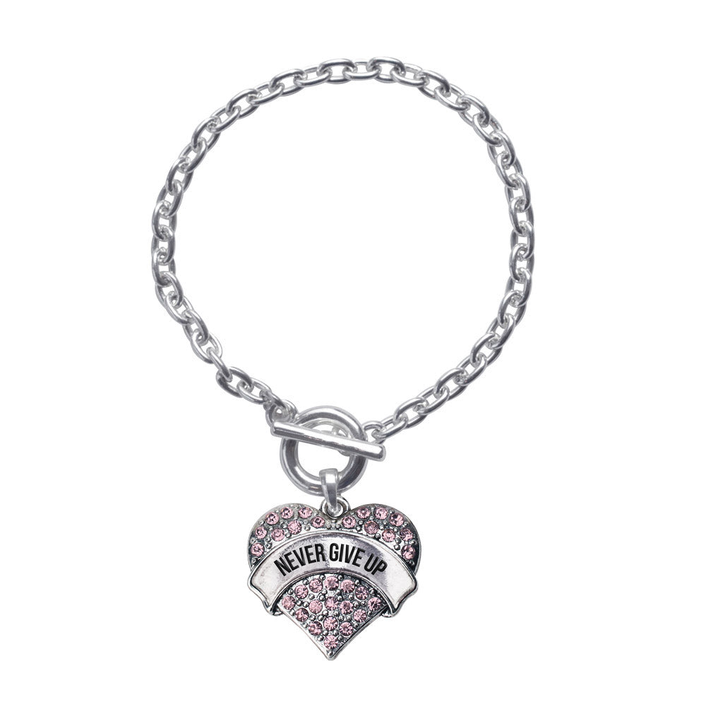 Silver Never Give up Pink Pink Pave Heart Charm Toggle Bracelet