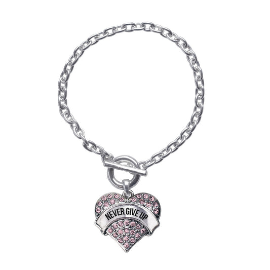 Silver Never Give up Pink Pink Pave Heart Charm Toggle Bracelet