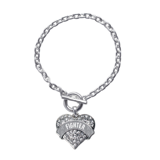 Silver Gray Fighter Pave Heart Charm Toggle Bracelet