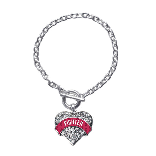 Silver Burgundy Fighter Pave Heart Charm Toggle Bracelet