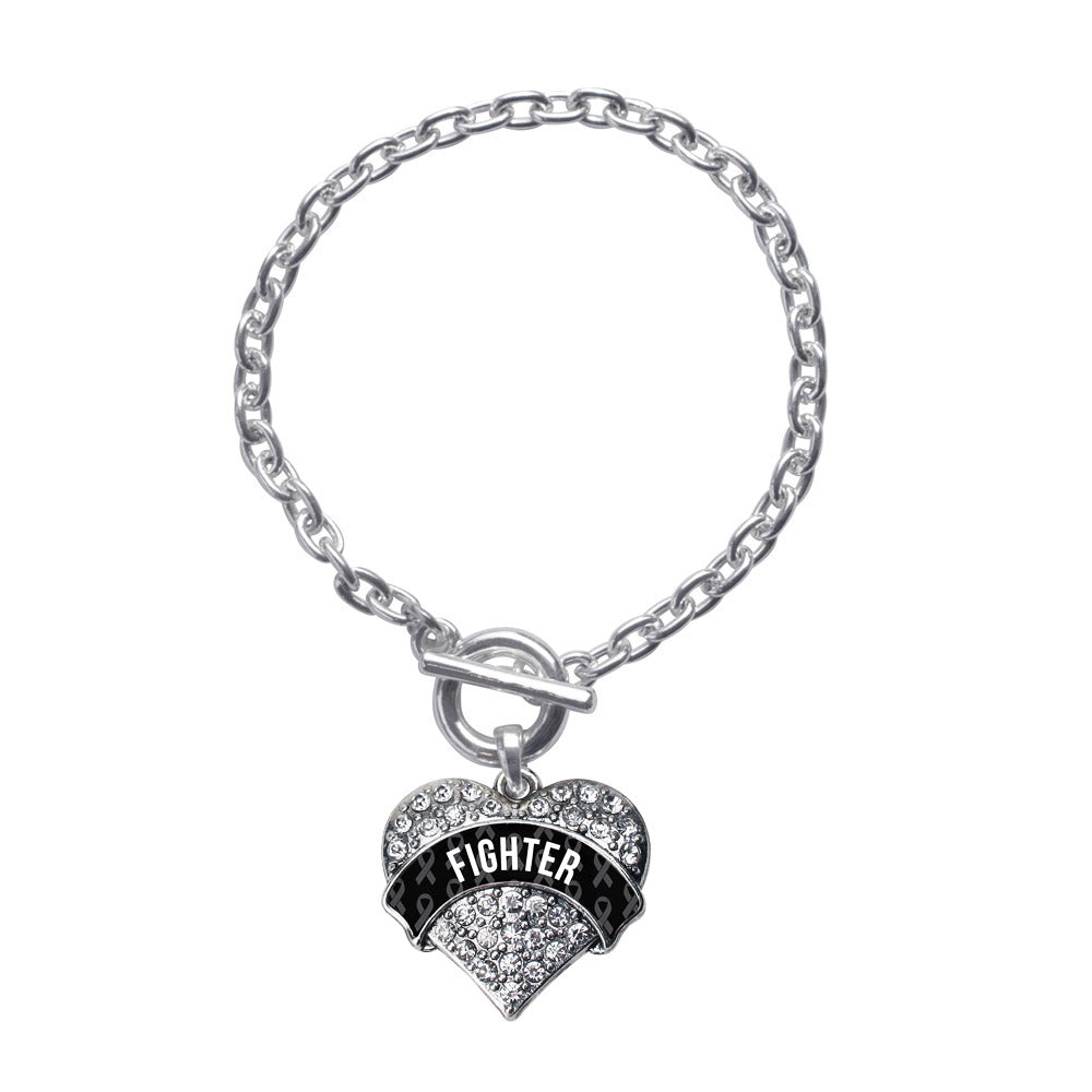 Silver Black Fighter Pave Heart Charm Toggle Bracelet