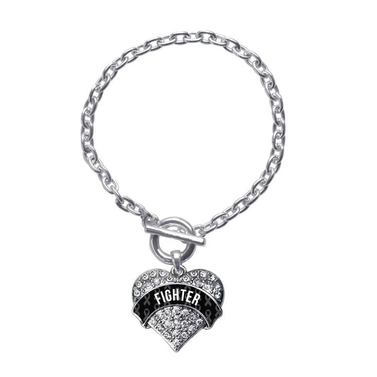 Silver Black Fighter Pave Heart Charm Toggle Bracelet