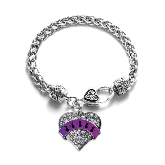 Silver Black Cats Pave Heart Charm Braided Bracelet