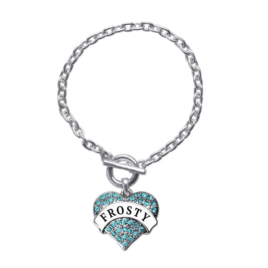 Silver Frosty Aqua Pave Heart Charm Toggle Bracelet