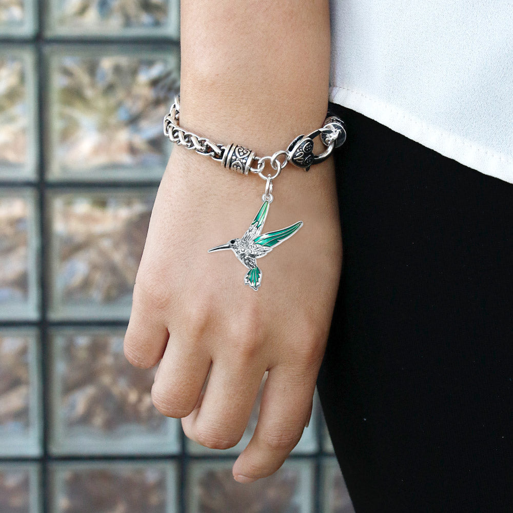 Silver Humming Bird Charm Braided Bracelet