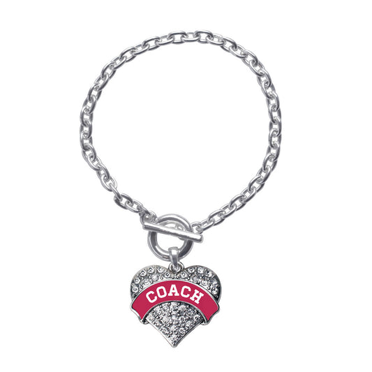 Silver Coach - Maroon and White Pave Heart Charm Toggle Bracelet