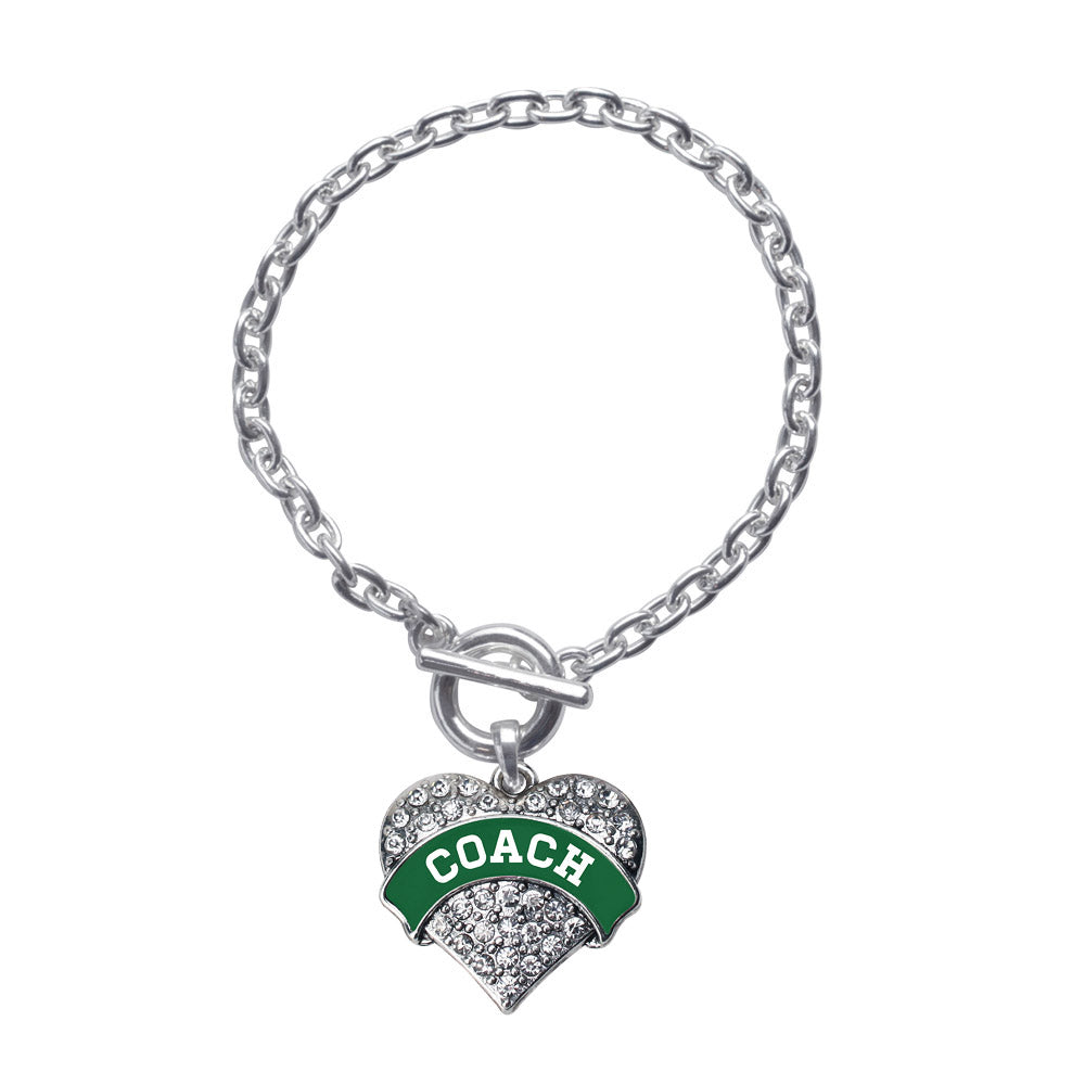 Silver Coach - Forest Green and White Pave Heart Charm Toggle Bracelet