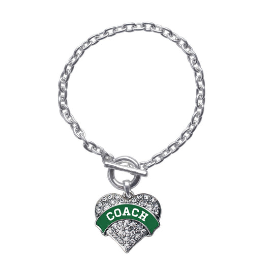 Silver Coach - Forest Green and White Pave Heart Charm Toggle Bracelet