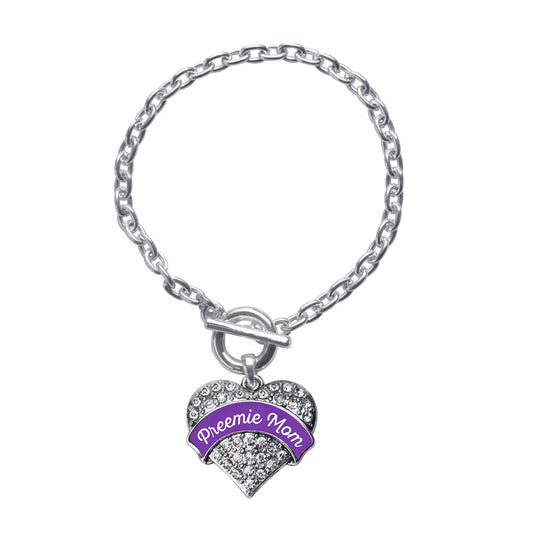 Silver Preemie Mom Pave Heart Charm Toggle Bracelet
