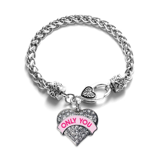 Silver Only You Pink Candy Pave Heart Charm Braided Bracelet