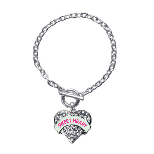 Silver Sweet Heart Green Candy Pave Heart Charm Toggle Bracelet