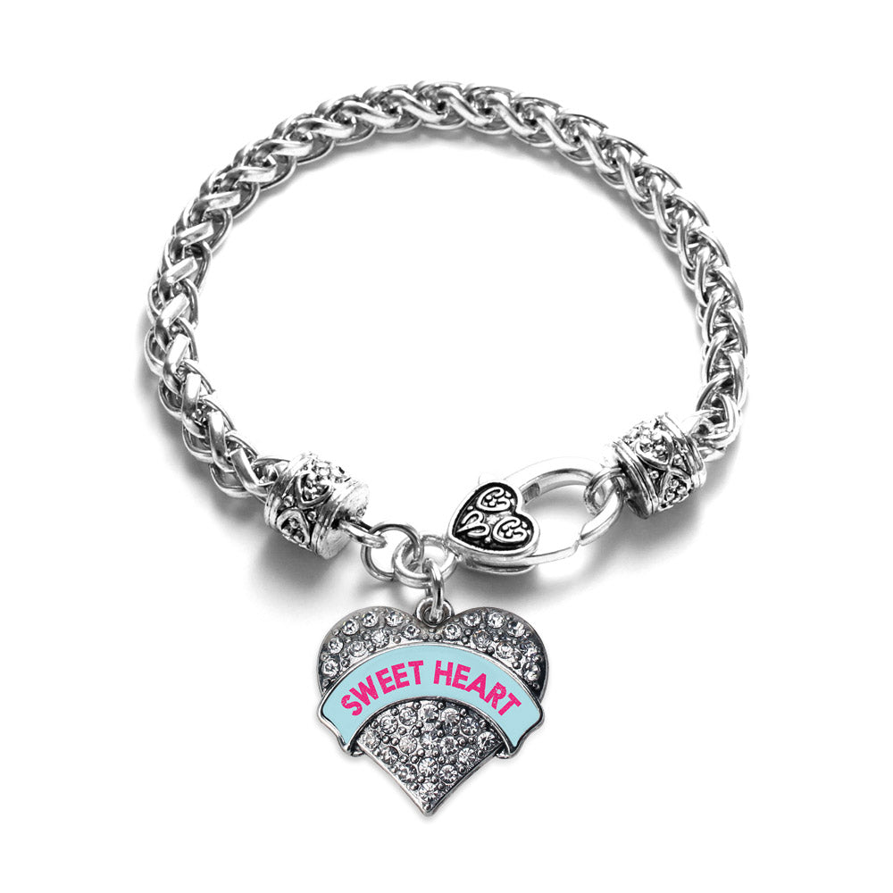 Silver Sweet Heart Teal Candy Pave Heart Charm Braided Bracelet