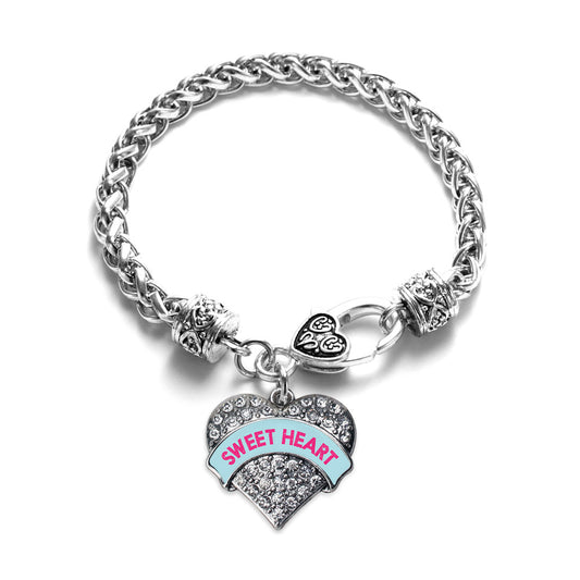 Silver Sweet Heart Teal Candy Pave Heart Charm Braided Bracelet
