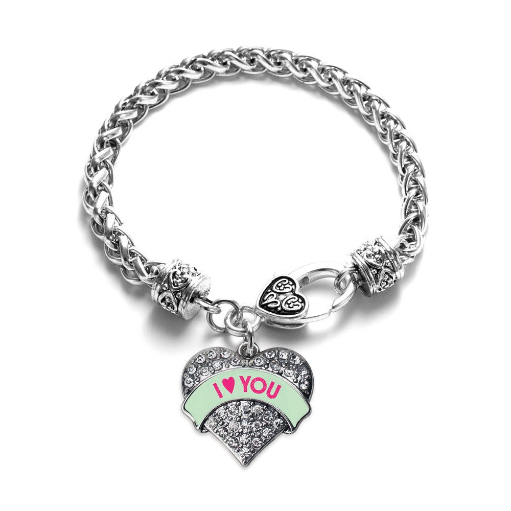 Silver I Love You Green Candy Pave Heart Charm Braided Bracelet