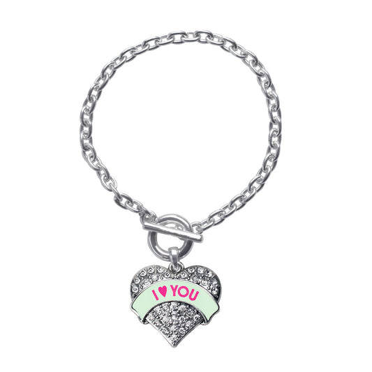 Silver I Love You Green Candy Pave Heart Charm Toggle Bracelet