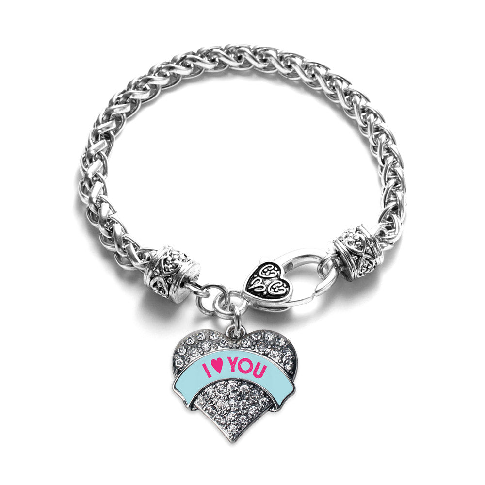 Silver I Love You Teal Candy Pave Heart Charm Braided Bracelet
