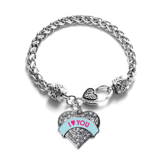 Silver I Love You Teal Candy Pave Heart Charm Braided Bracelet