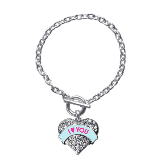 Silver I Love You Teal Candy Pave Heart Charm Toggle Bracelet