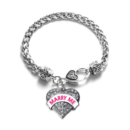 Silver Marry Me White Candy Pave Heart Charm Braided Bracelet