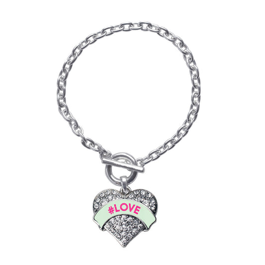 Silver #LOVE Green Candy Pave Heart Charm Toggle Bracelet