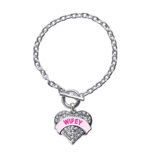 Silver Wifey Pink Candy Pave Heart Charm Toggle Bracelet