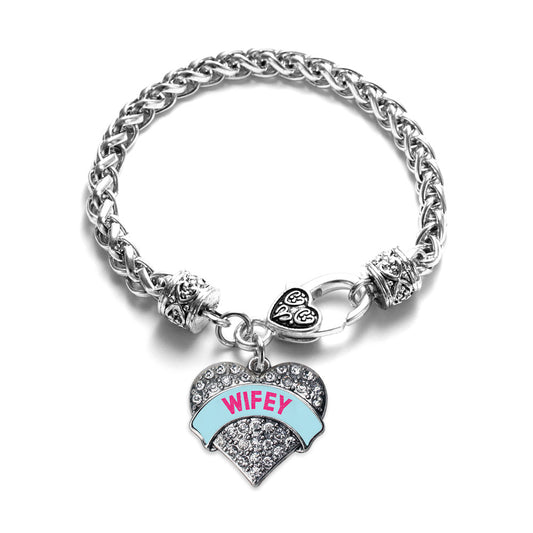 Silver Wifey Teal Candy Pave Heart Charm Braided Bracelet