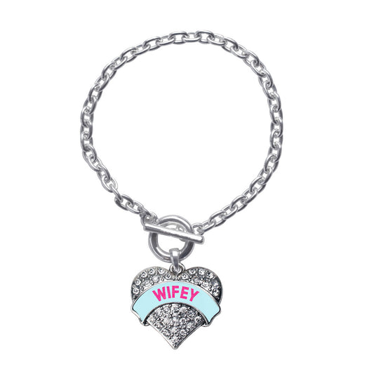 Silver Wifey Teal Candy Pave Heart Charm Toggle Bracelet