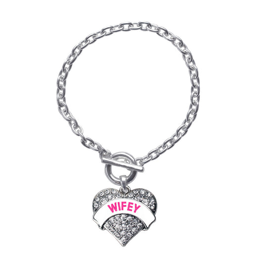Silver Wifey White Candy Pave Heart Charm Toggle Bracelet