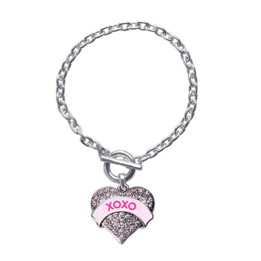 Silver XOXO Candy Heart Pink Pink Pave Heart Charm Toggle Bracelet