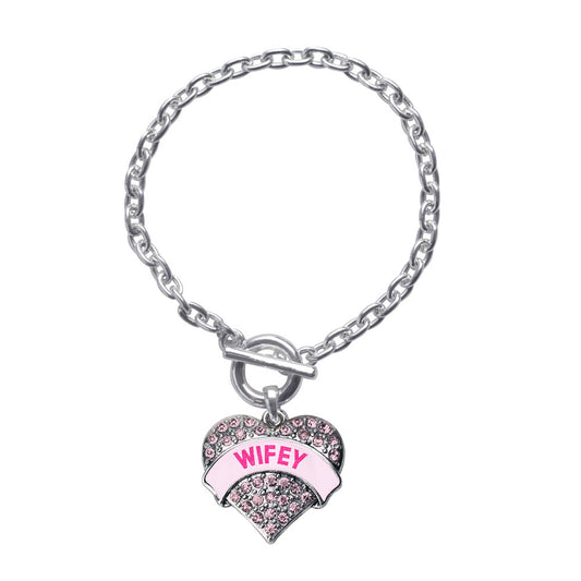 Silver Wifey Candy Pink Pink Pave Heart Charm Toggle Bracelet