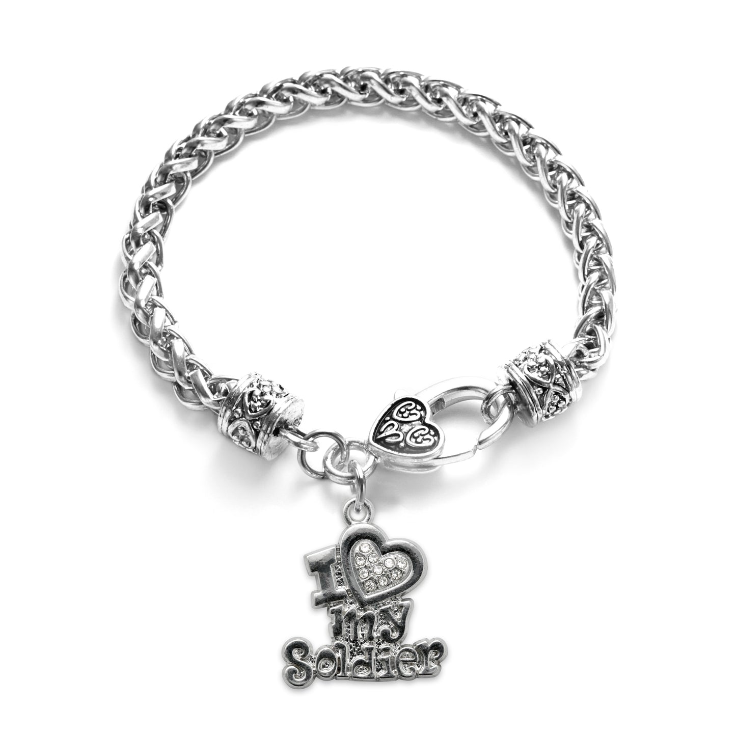 Silver I Love My Soldier Charm Braided Bracelet