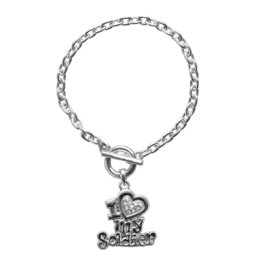Silver I Love My Soldier Charm Toggle Bracelet