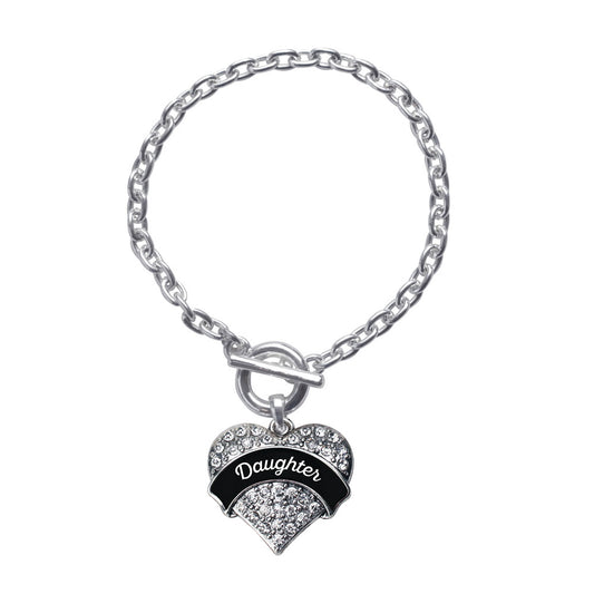 Silver Black and White Daughter Pave Heart Charm Toggle Bracelet